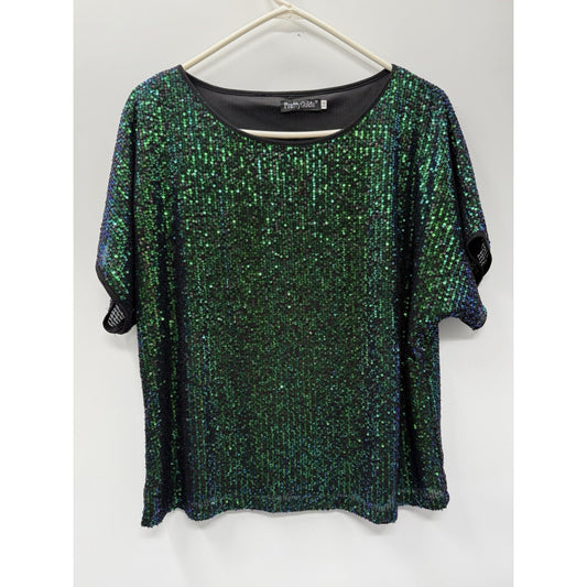 PrettyGuide Green Black Sequin Top Size 10 Dolman Batwing Sleeve Party Holiday