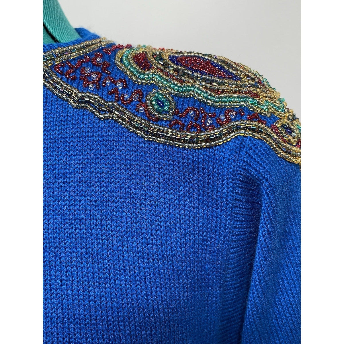 Plain Jane Vintage Blue Beaded Midi Length Long Sleeve Sweater Dress SizeMedium