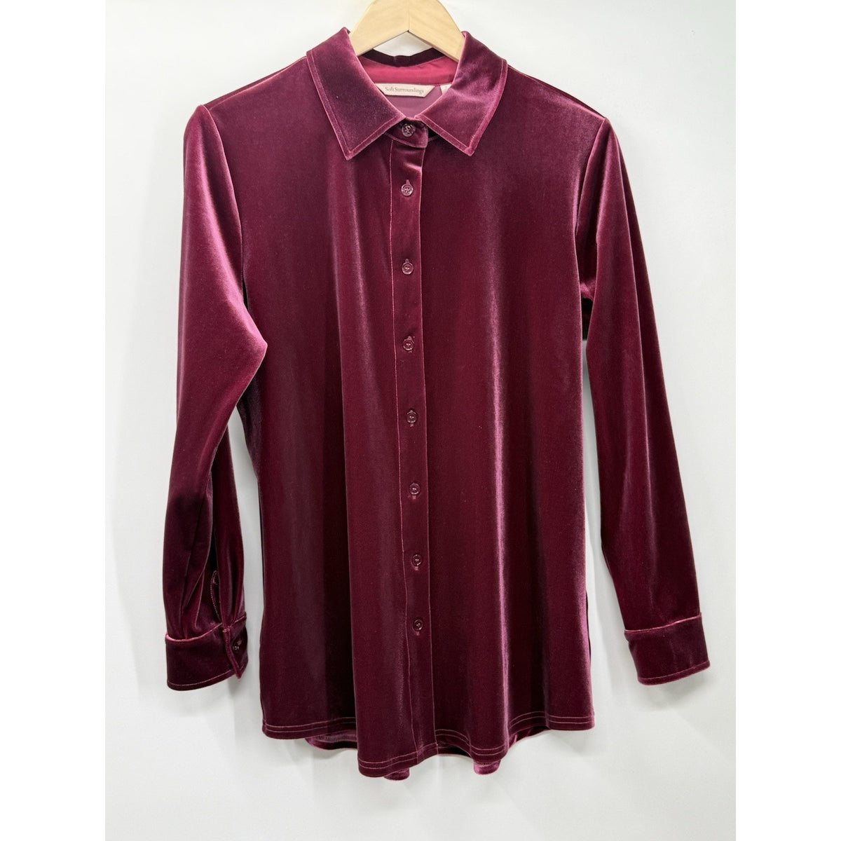 Soft Surroundings S Velvet Top Blouse Button Front Burgundy Stretch Soft