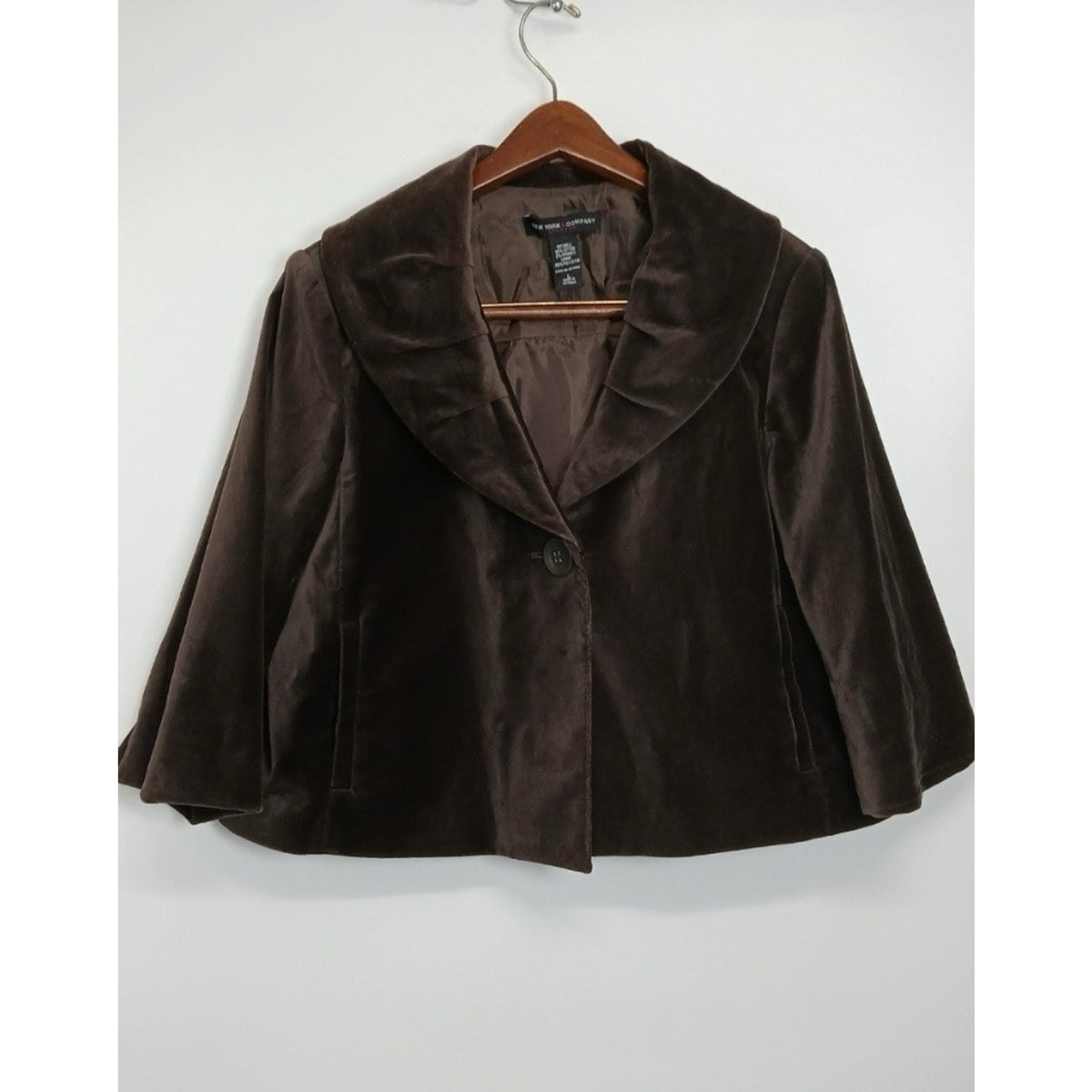 New York & Co Womens Sz Large Brown Velvet Retro Swing Short Jacket 3/4 Sleeve