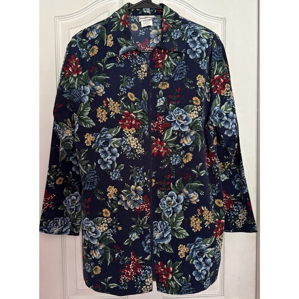 BonWorth Women's Size XS Navy Blue Floral Print Long Sleeve Full Zip Blouse