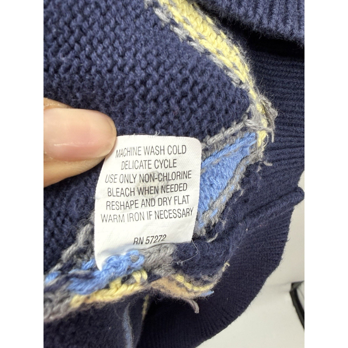 Alan Fusser Men L 100% Cotton Argyle Sweater Navy Blue Yellow Preppy Crewneck