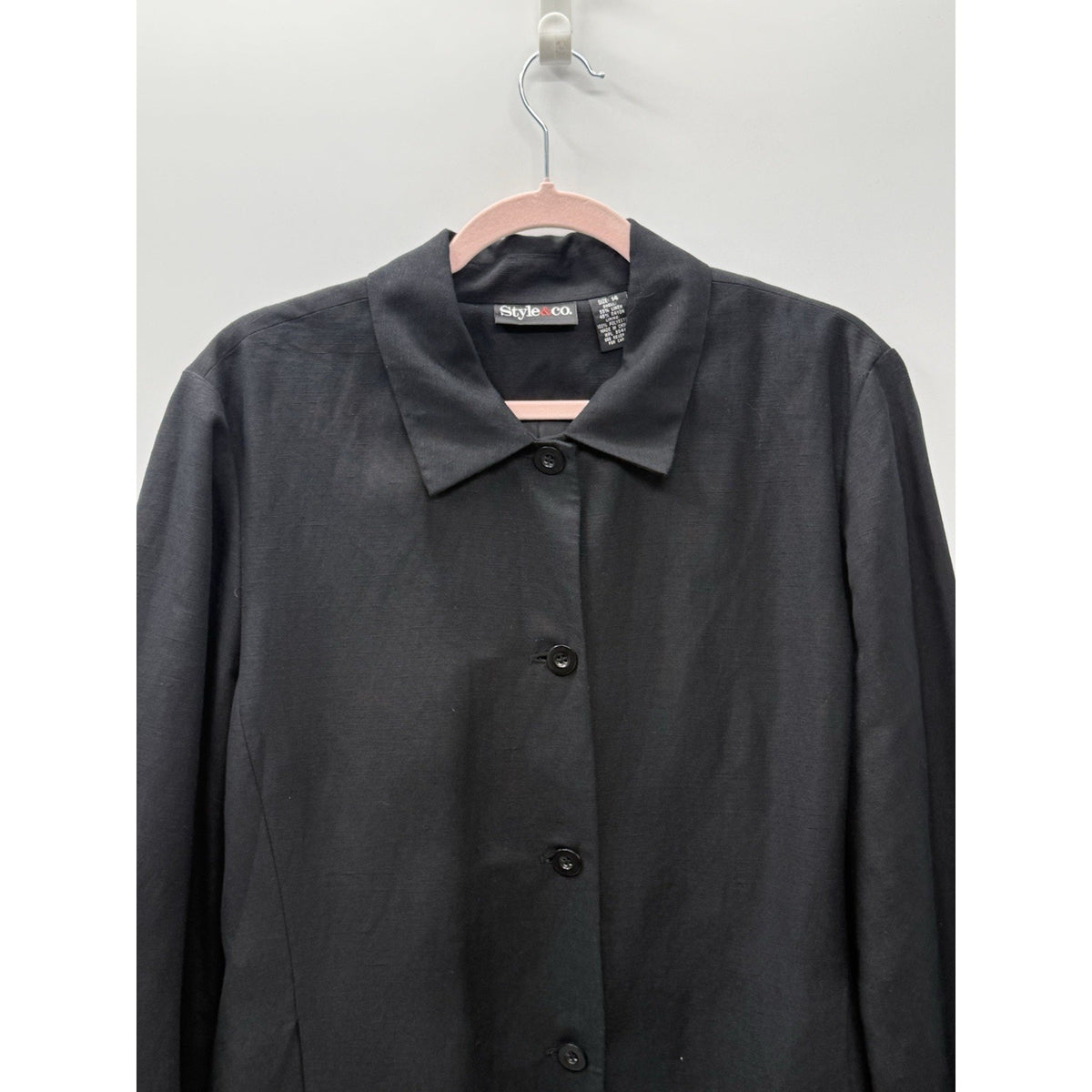 Style & Co Black Linen Rayon Button Front Long Jacket Topper Women’s 14 Career