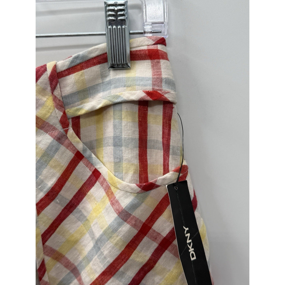 DKNY NWT 100% Linen Plaid Skirt Size 6 Vegas Red Ring Detail Pockets $198 MSRP