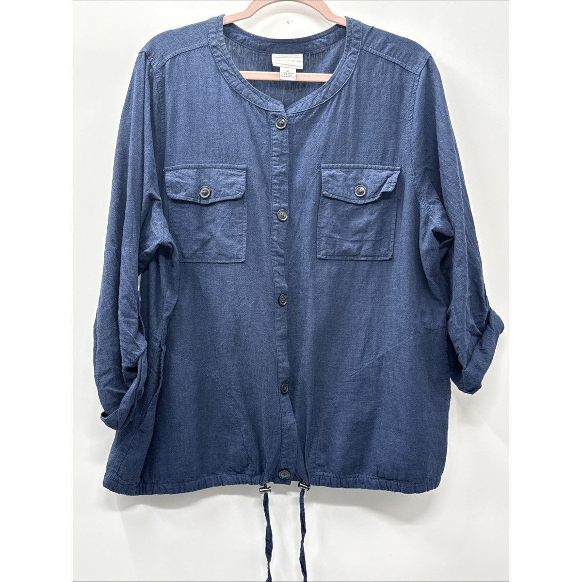 Liz Claiborne Woman XL Blue Linen Blend Shacket Roll Tab Sleeve Minimal Resort