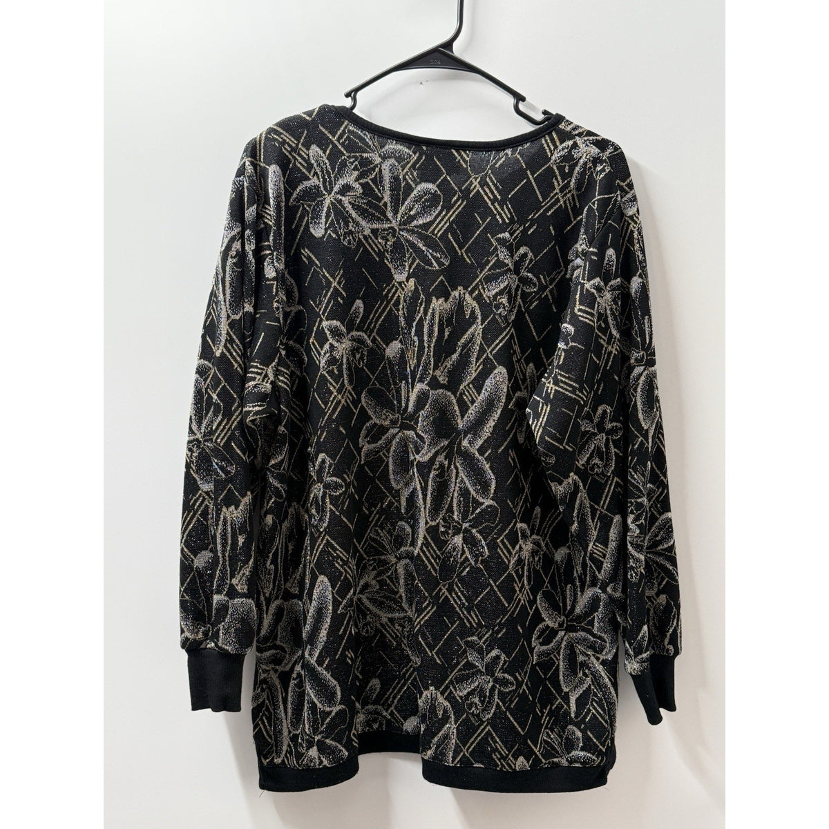 R&K Sport Women L Black Gold Floral Metallic Lightweight Knit Tunic Top USA