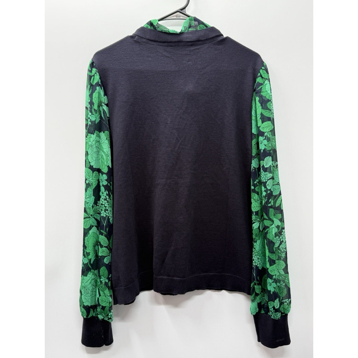 Tommy Hilfiger XL Tie Neck Sweater Green Floral Sleeve V Neck Mixed Media Top