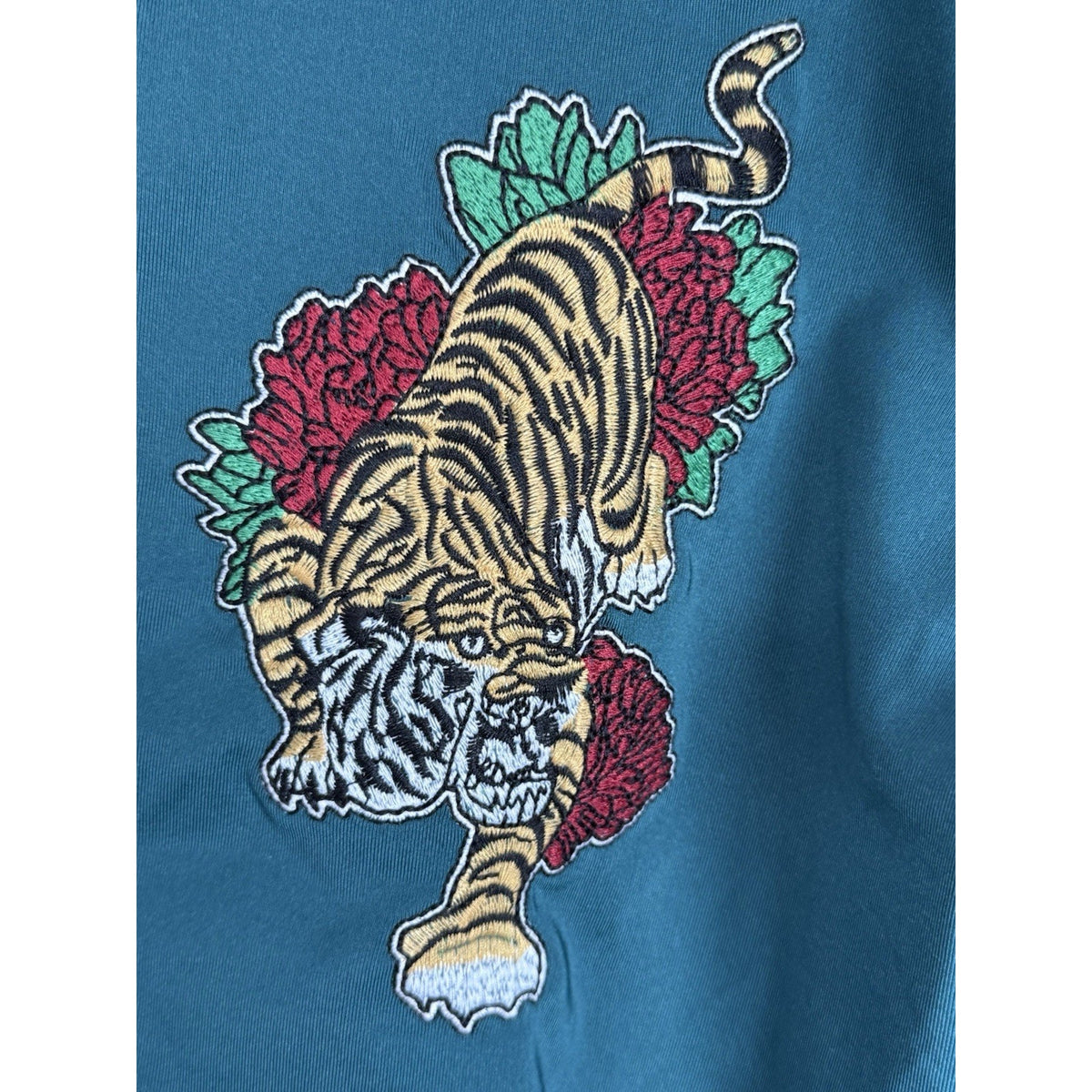 ASOS Tiger Embroidered Bomber Jacket XL Green Gold Zip Streetwear Y2K