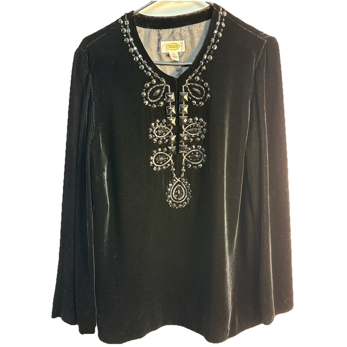 Talbots Black Velvet Beaded Embellished Tunic Top LS Women Sz 12 Gothic Romantic