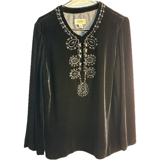 Talbots Black Velvet Beaded Embellished Tunic Top LS Women Sz 12 Gothic Romantic