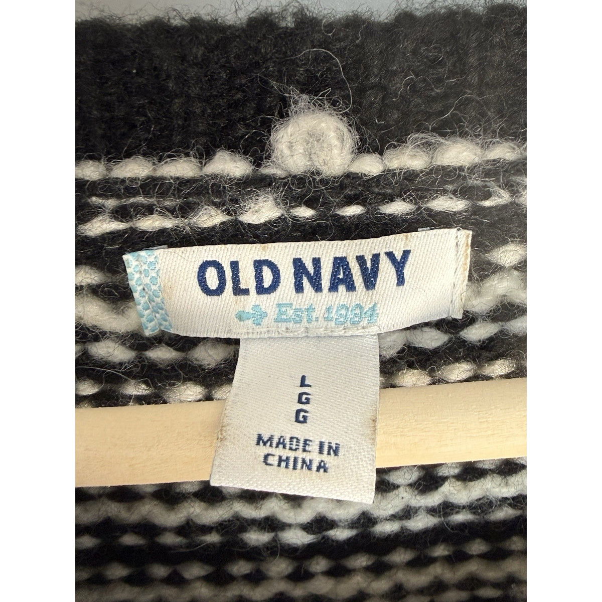 Old Navy Black White Striped Wool Blend Knit Sweater Womens L Cozy Pullover
