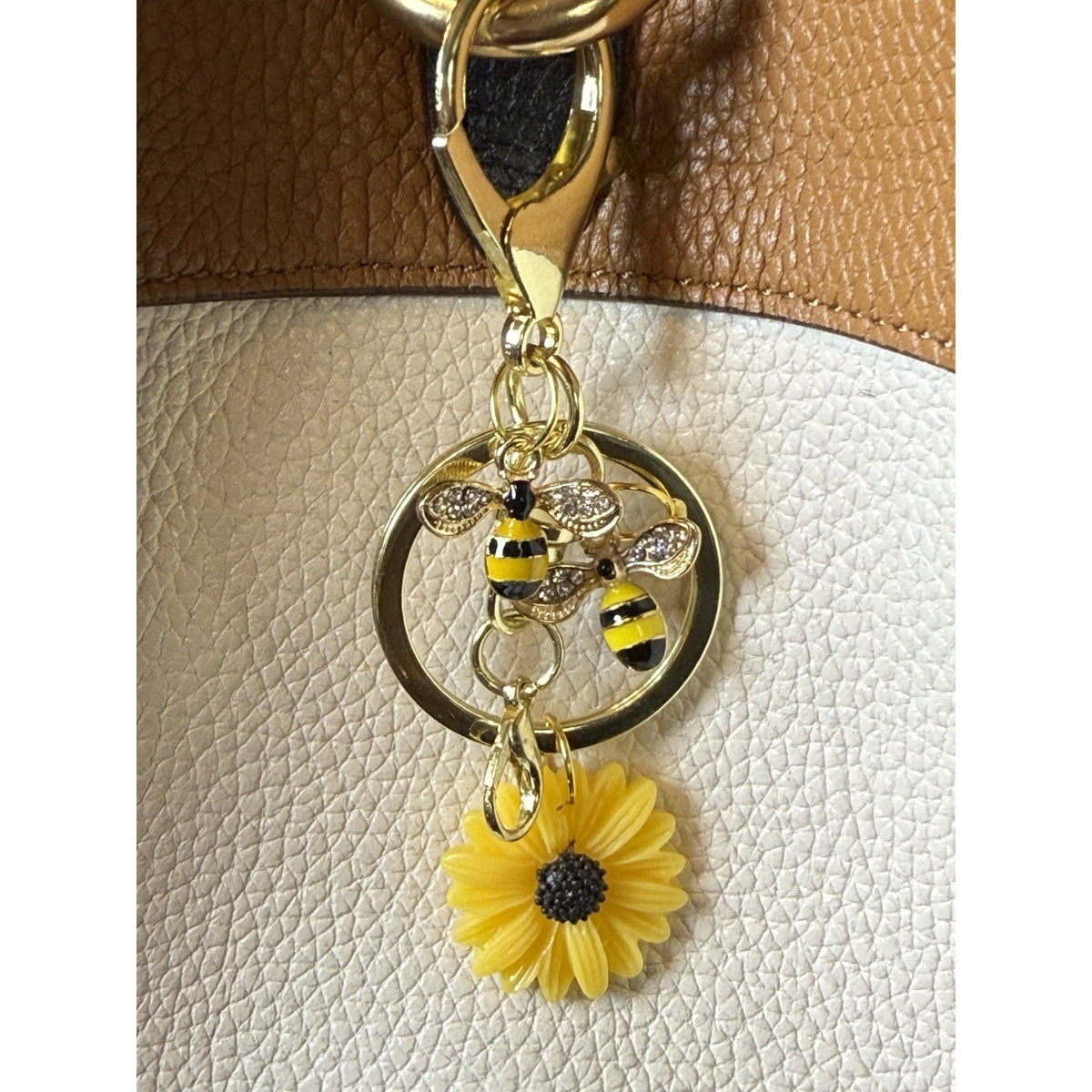 Gold Bee Sunflower Keychain Charm Rhinestone Bumblebee Floral Purse Bag Key Ring
