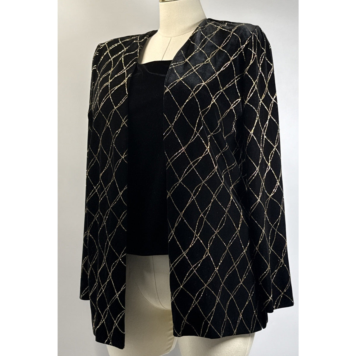 J.B.S. LTD. Size 12 Vintage Velvet Metallic Grid Open Front Jacket Black/Gold