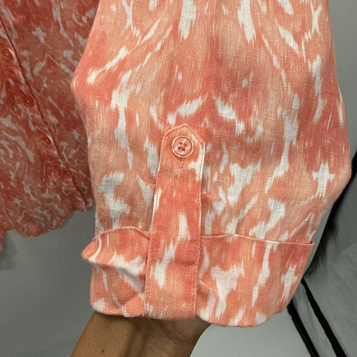 Kim Rogers Button Up Shirt Women’s 2X Plus Orange White Ikat Linen ¾ Sleeves Top