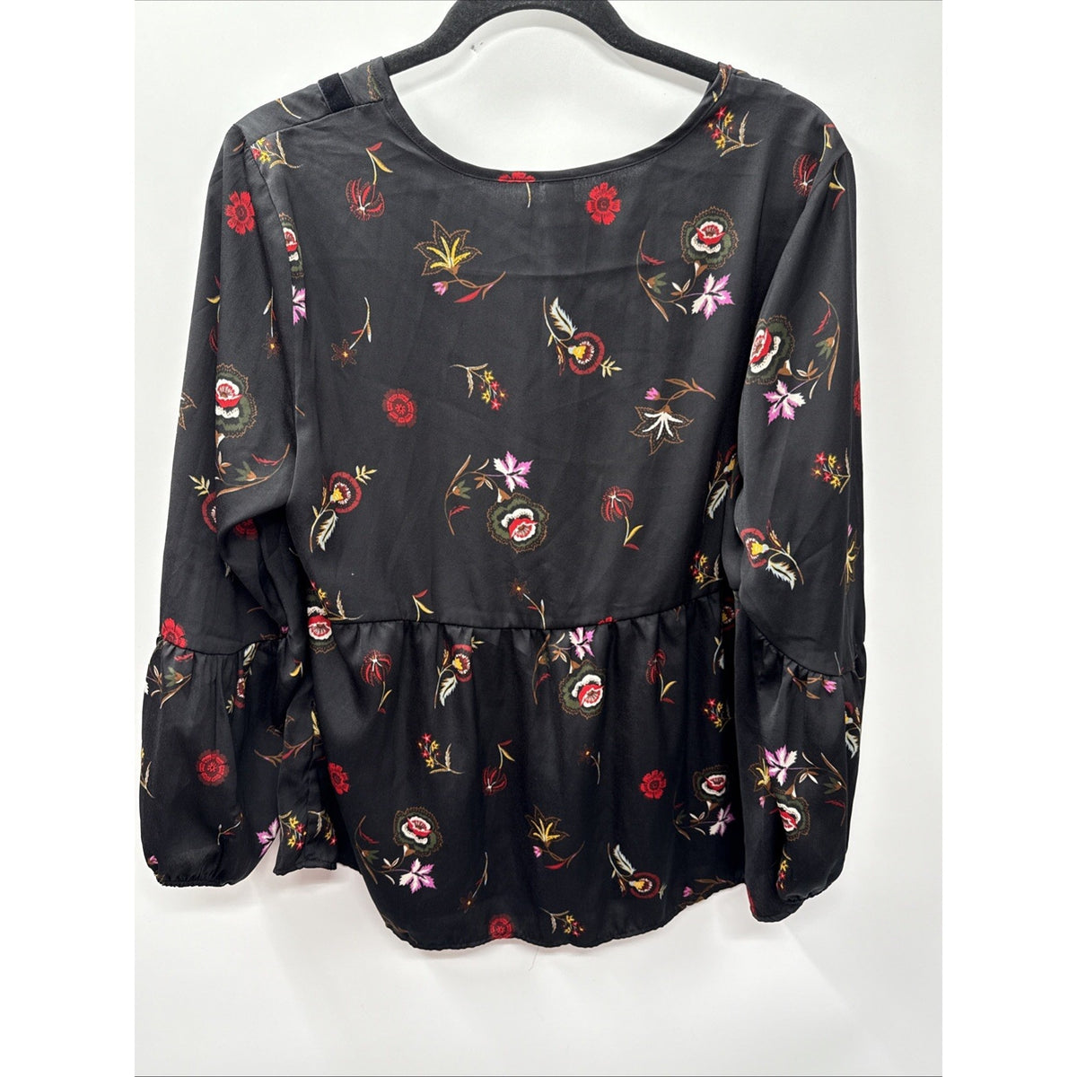 Old Navy Womens Blouse Top Sz L Black Boho Peasant Floral V Neck Tassel Tie Poly