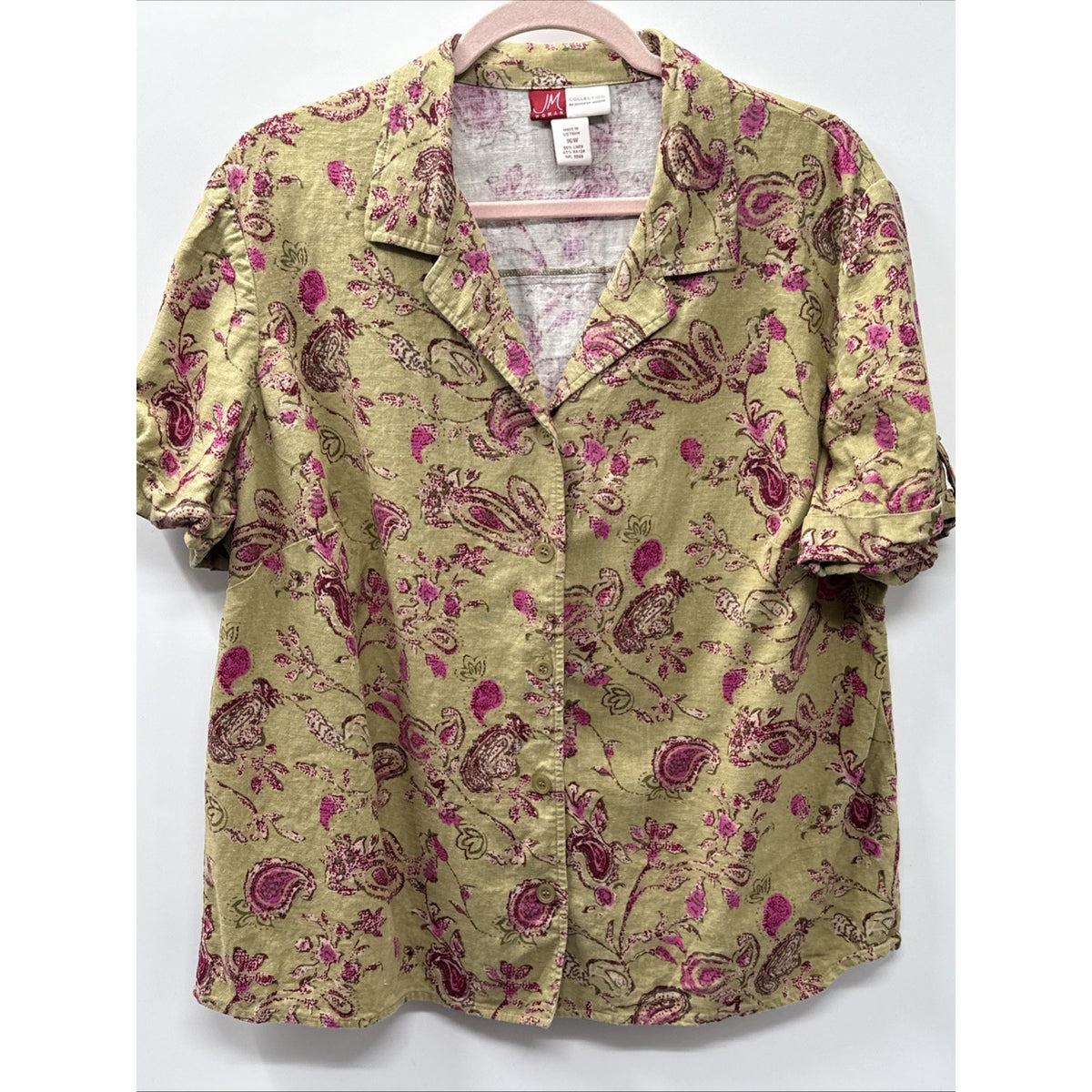 JM Collection Womens 16W Linen Rayon Paisley Floral Button Shirt Green Pink