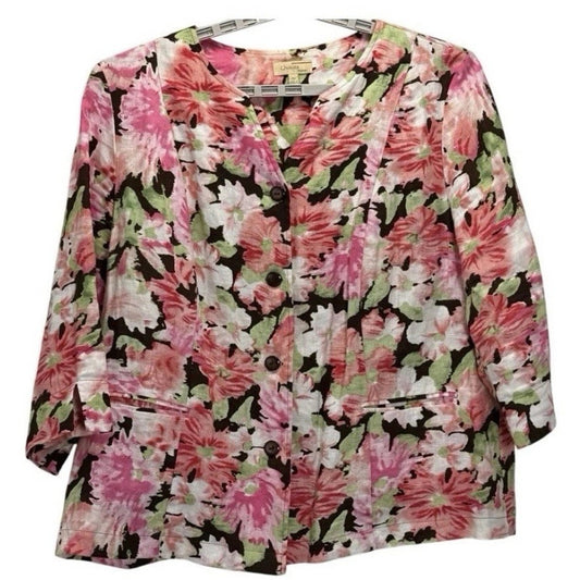 Choices Woman 2X Floral Linen Blazer – Pink Green White – Lightweight 100% Linen