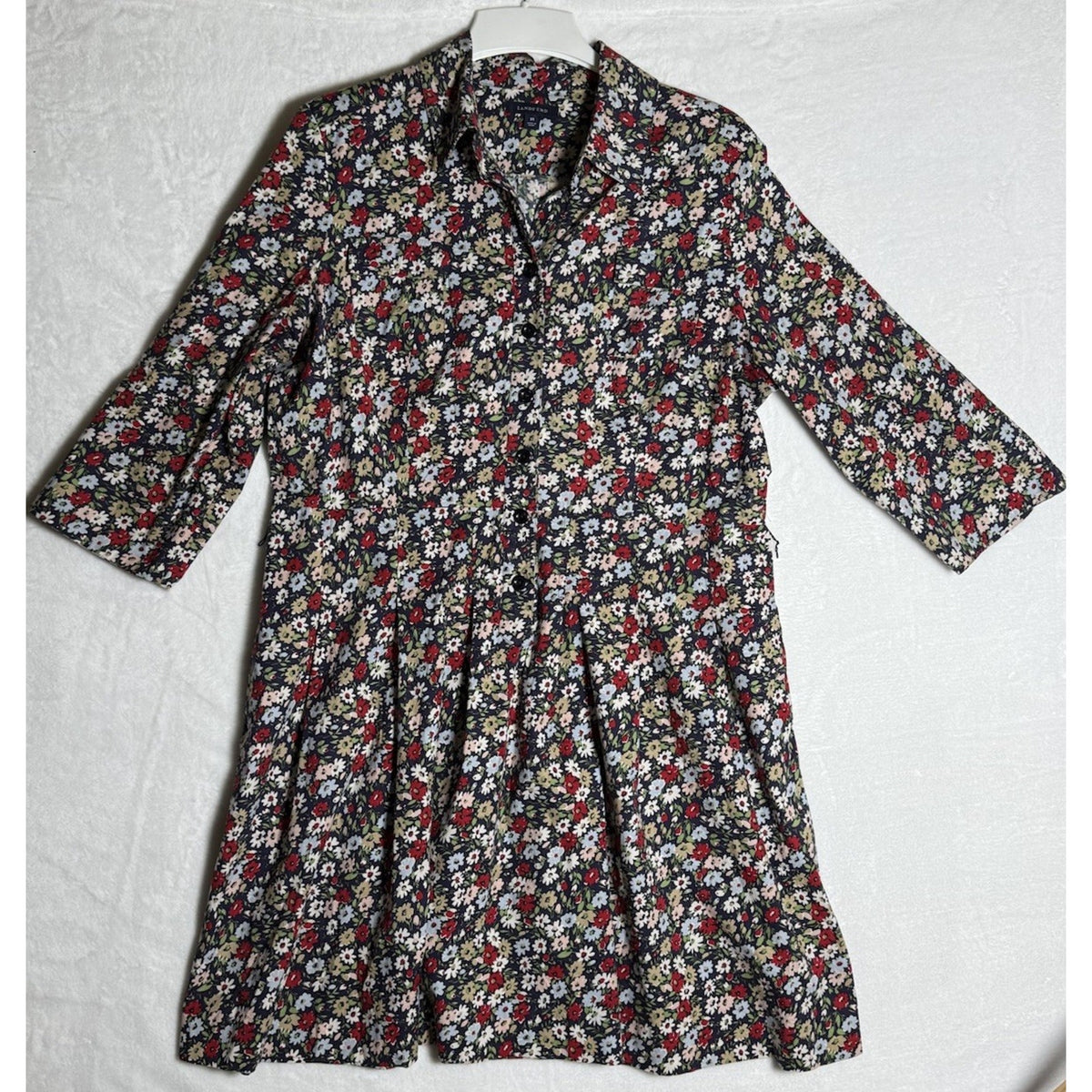 Lands’ End Womens 18 Floral Shirt Dress Midi Pullover Cotton Blend 3/4 Sleeve