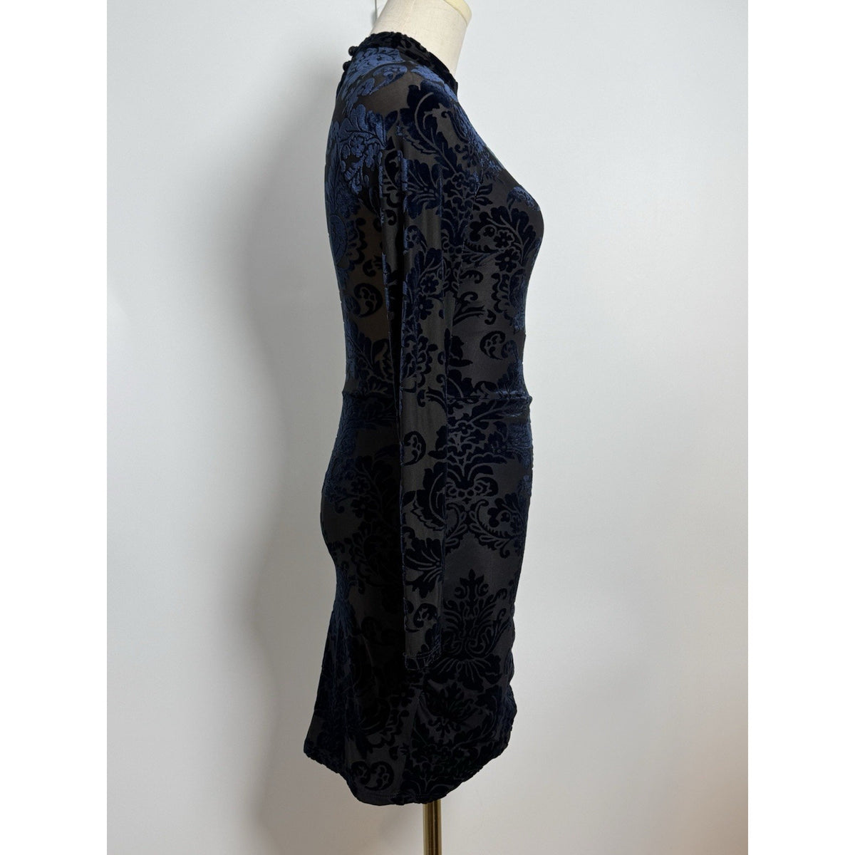 Windsor XS Navy/Black Burnout Velvet Damask Bodycon Mini Mock Neck long sleeve