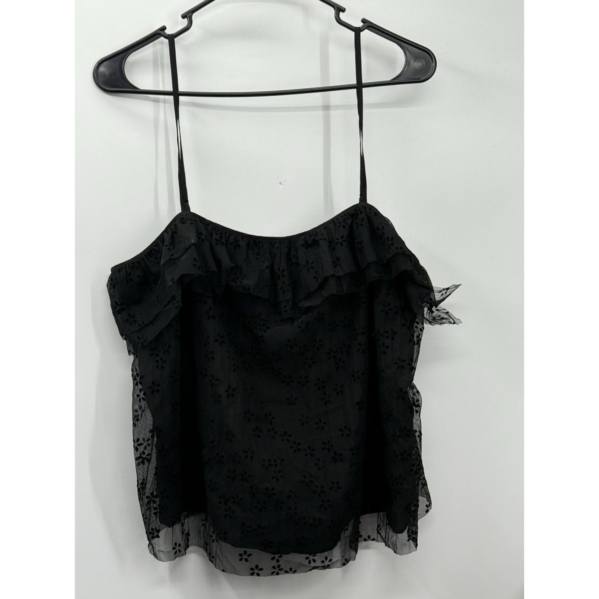 J Crew Black Sheer Ruffle Camisole Top Floral Mesh Size L