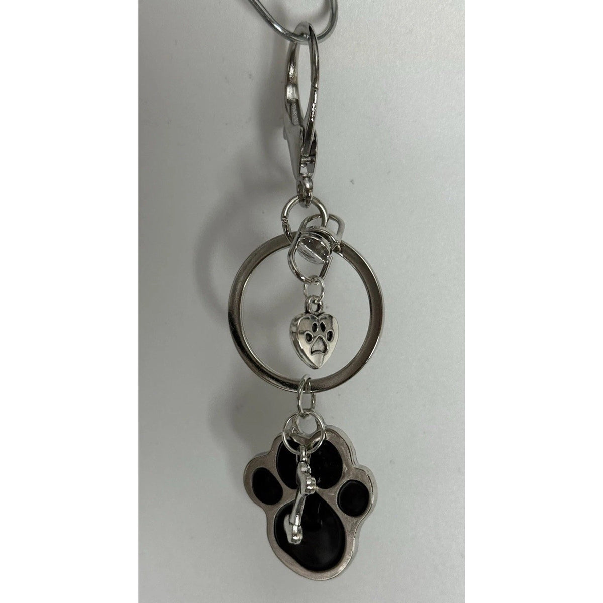 Dog Lover Purse Charm Keychain Paw Print Bone I Love My Dog Silver Tone