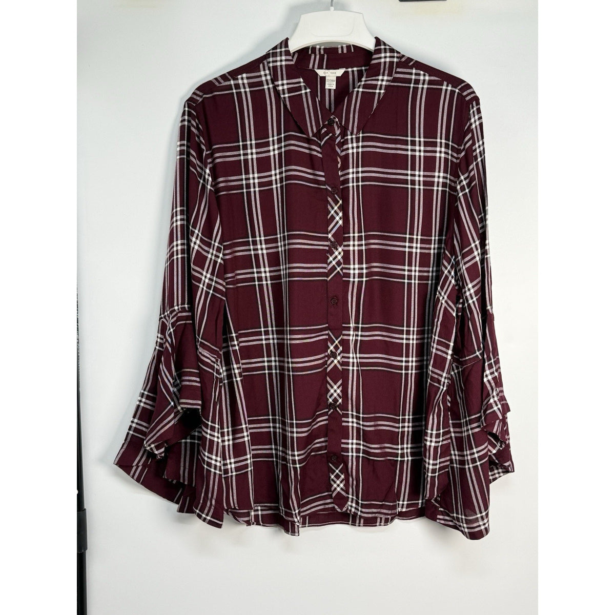 Cato Plaid Bell Sleeve Tunic Top Burgundy Button Front Women’s 22/24W Rayon