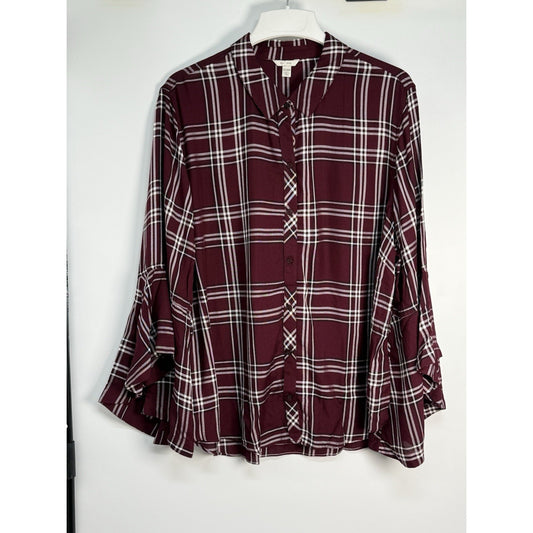 Cato Plaid Bell Sleeve Tunic Top Burgundy Button Front Women’s 22/24W Rayon