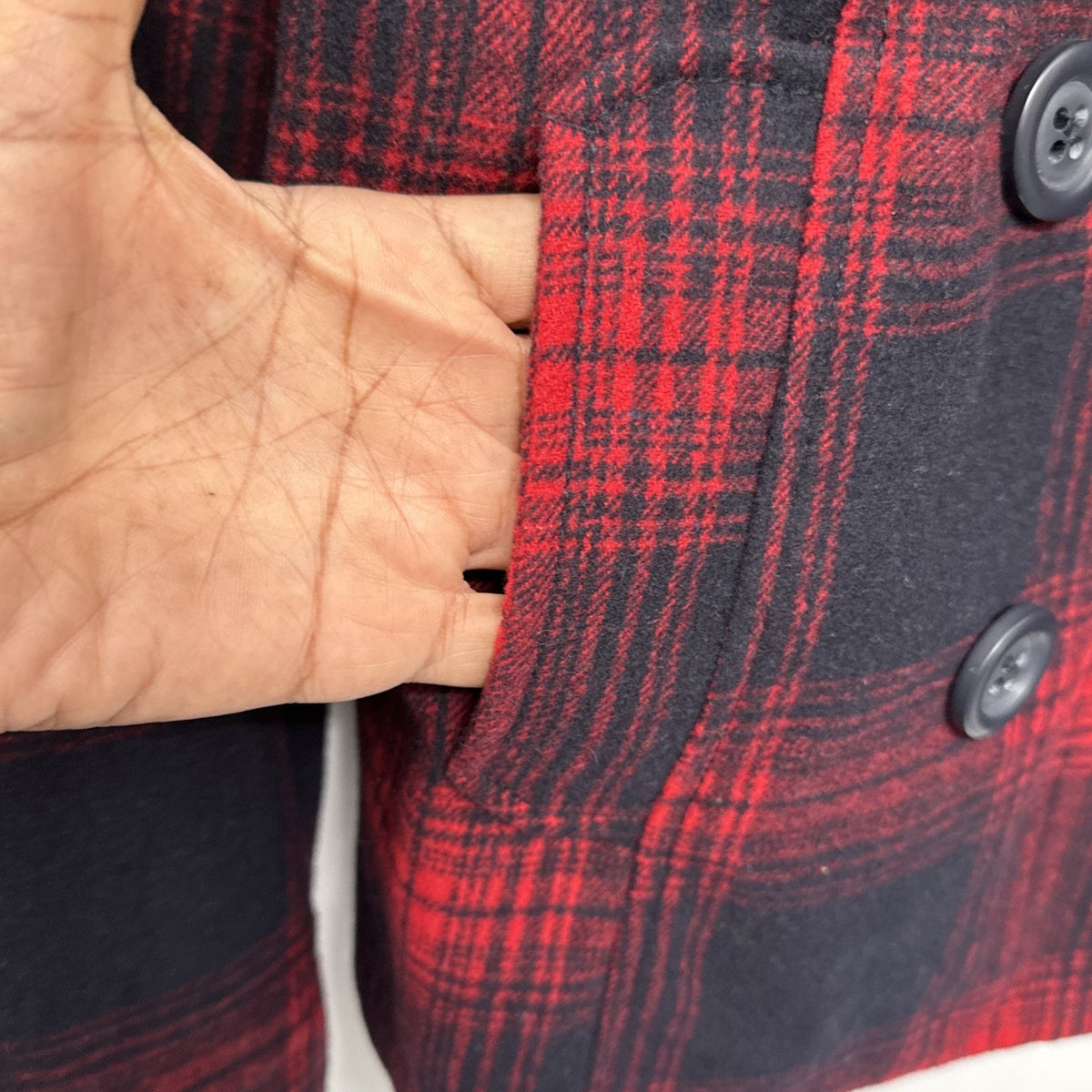 Old Navy Recycled Wool Blend Red Plaid Double Breasted Jacket Pea Coat Sz L