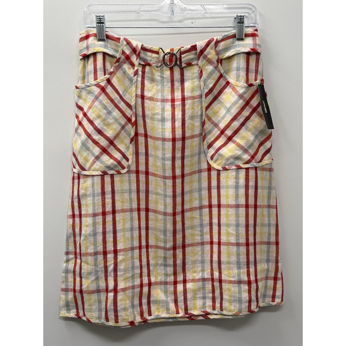 DKNY NWT 100% Linen Plaid Skirt Size 6 Vegas Red Ring Detail Pockets $198 MSRP