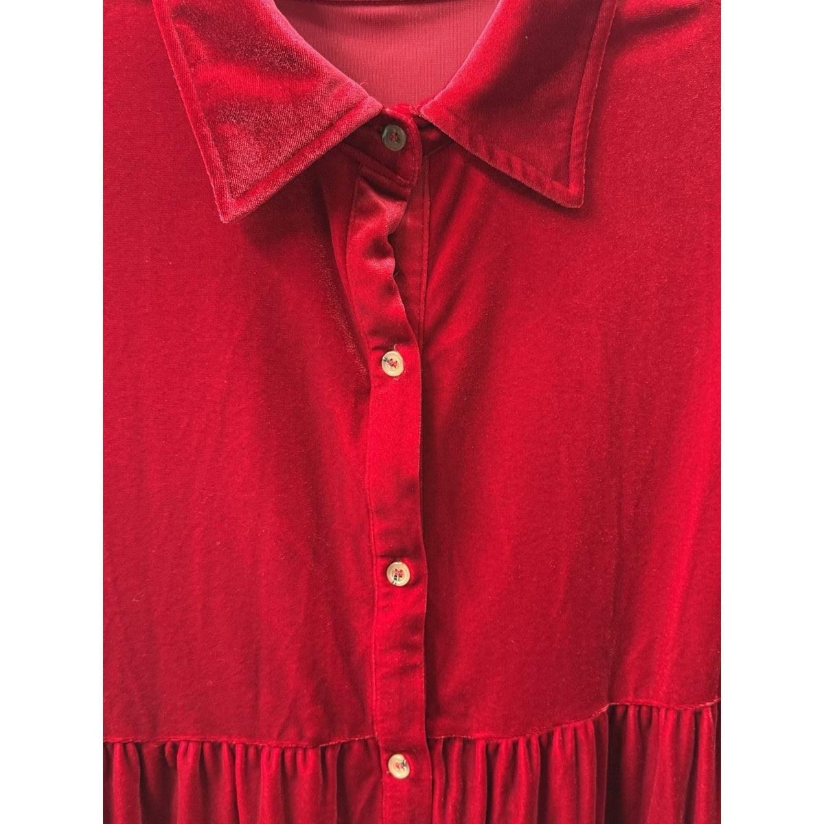 Womens Red Velvet Babydoll Dress M Button Front Long Sleeve Holiday Whimsigoth
