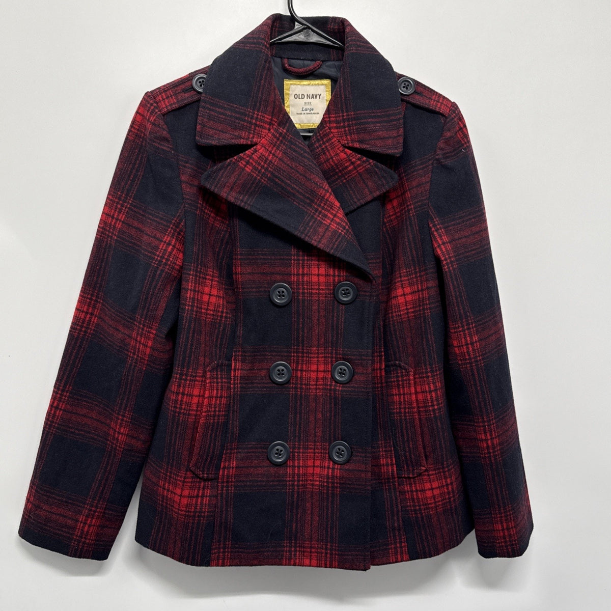 Old Navy Recycled Wool Blend Red Plaid Double Breasted Jacket Pea Coat Sz L