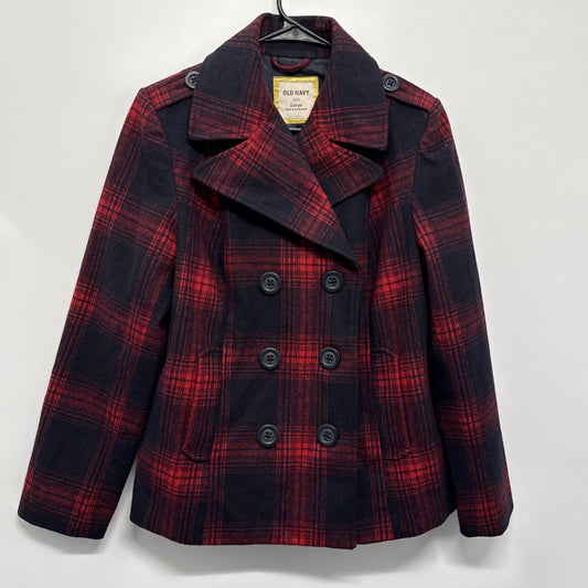 Old Navy Recycled Wool Blend Red Plaid Double Breasted Jacket Pea Coat Sz L
