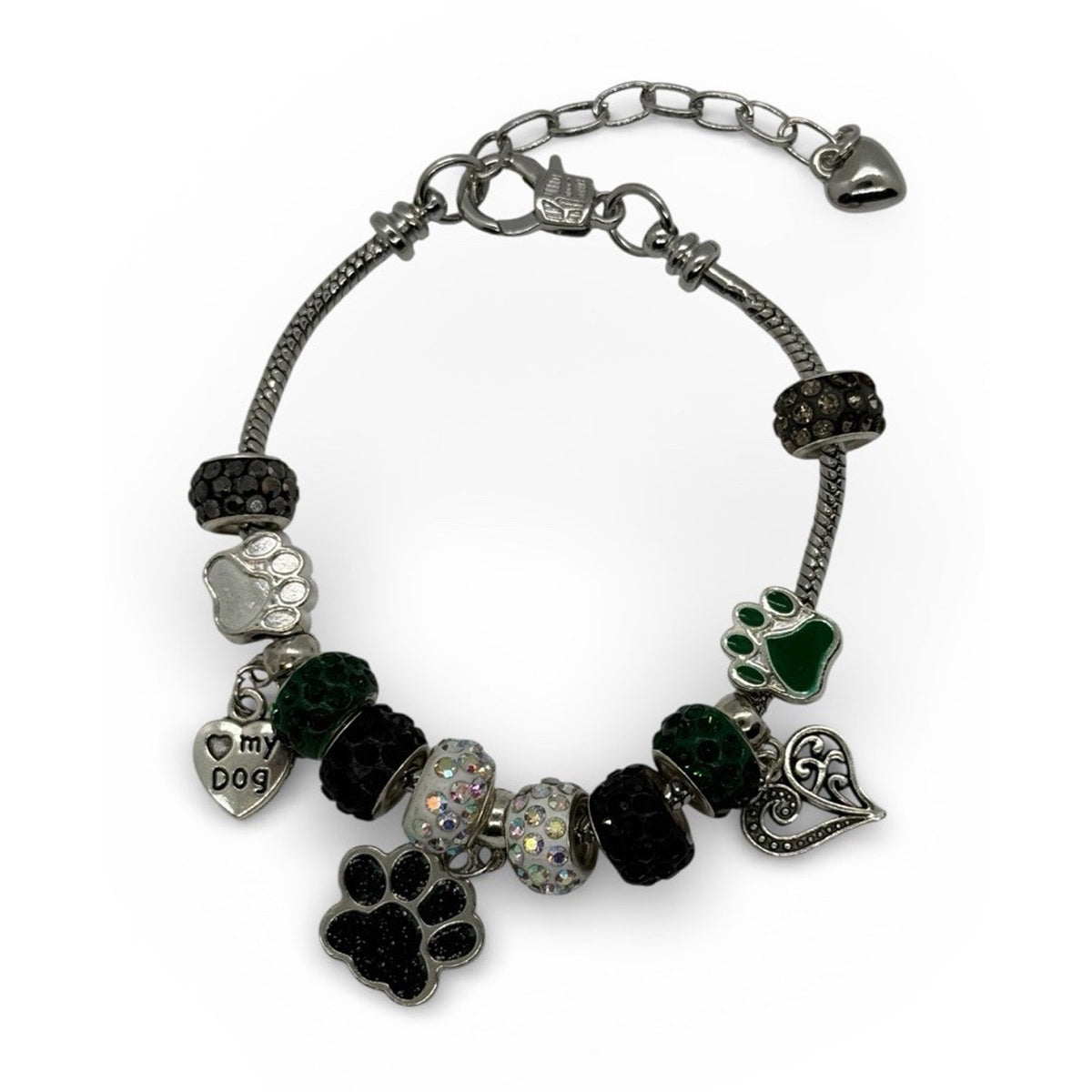 Handmade Dog Lover Charm Bracelet Paw Print Green Black Crystal Beaded
