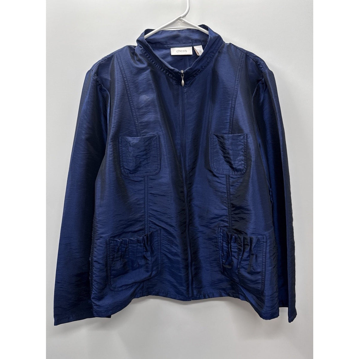 Chico's Shimmering Crinkle Cameron Full Zip Jacket Women's XL/16 Blue Grotto