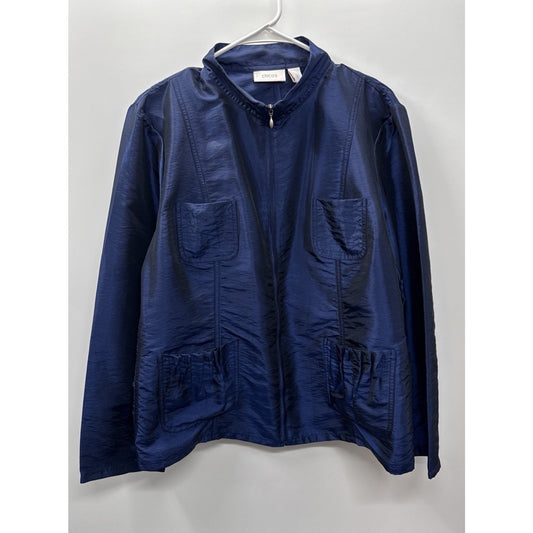 Chico's Shimmering Crinkle Cameron Full Zip Jacket Women's XL/16 Blue Grotto
