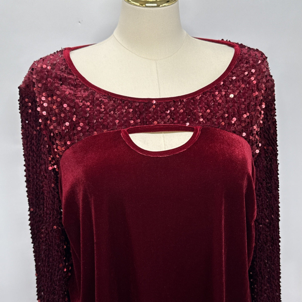 Burgundy Velvet Sequin Tunic Top Size 2X Keyhole Whimsigoth Party Blouse
