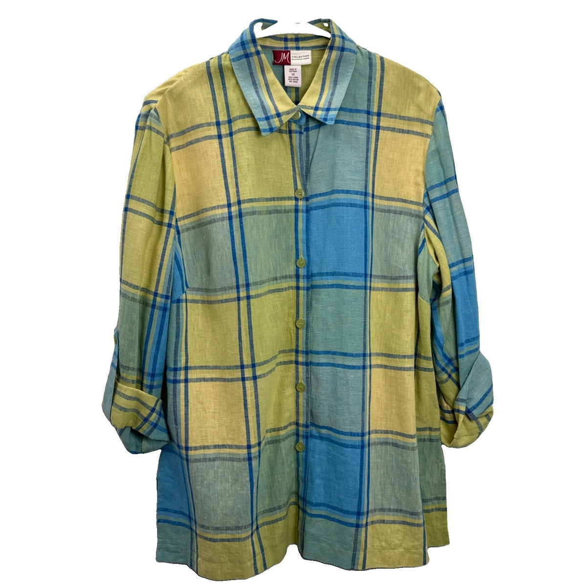 JM Collection Plaid Button Up Shirt Women Size 12 Multicolor Linen Blend