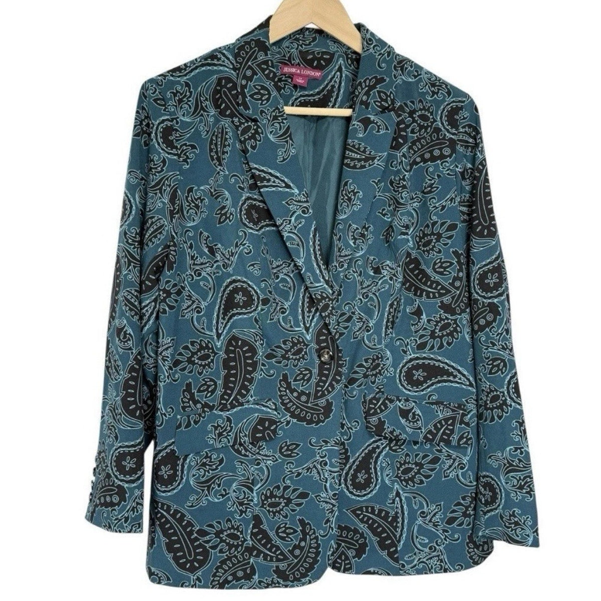 Jessica London Women’s Blazer Jacket Size 14 Blue Black Paisley Print Career
