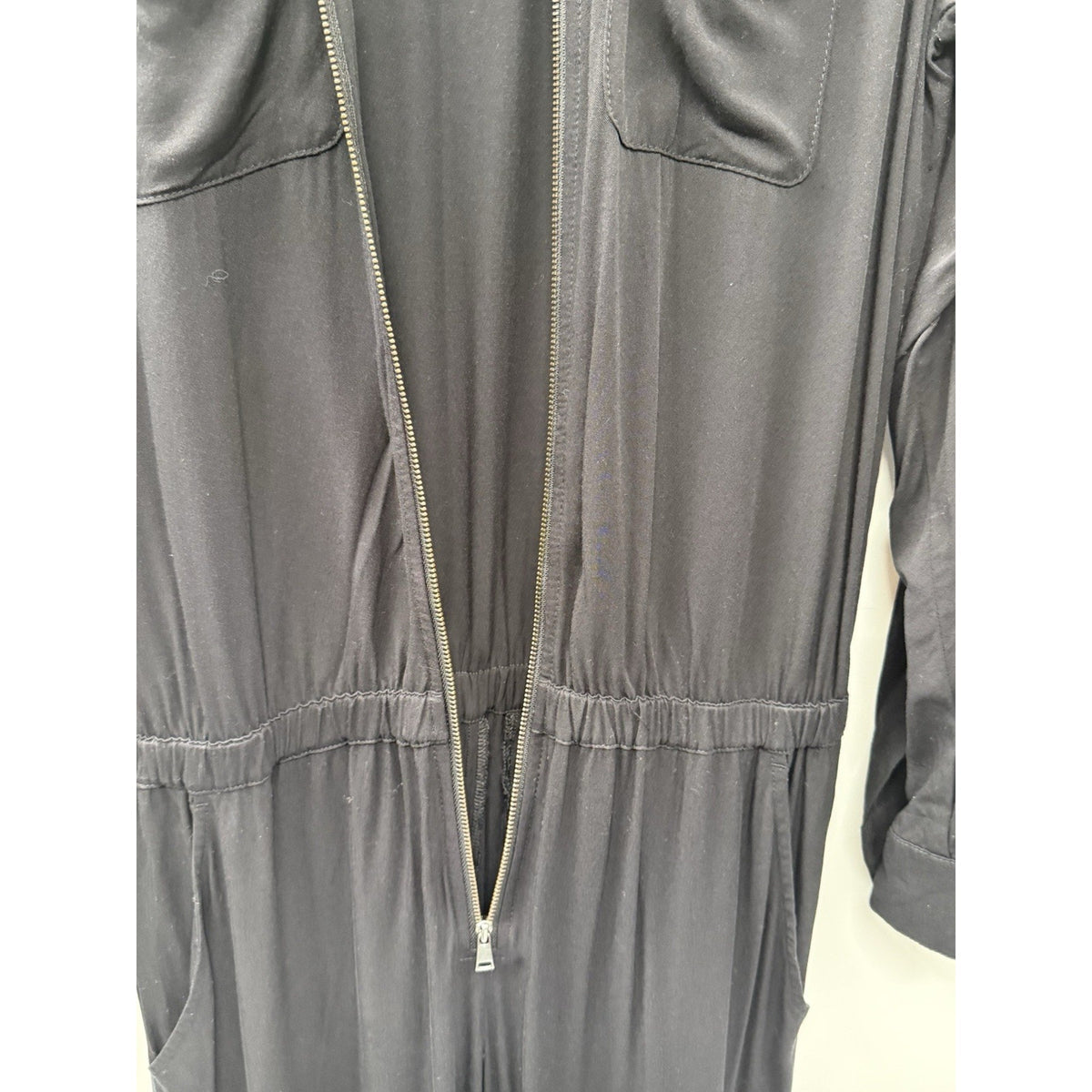 LOFT Black Zip Front Jumpsuit XS Long Sleeve Rayon Roll Tab Utility Pockets