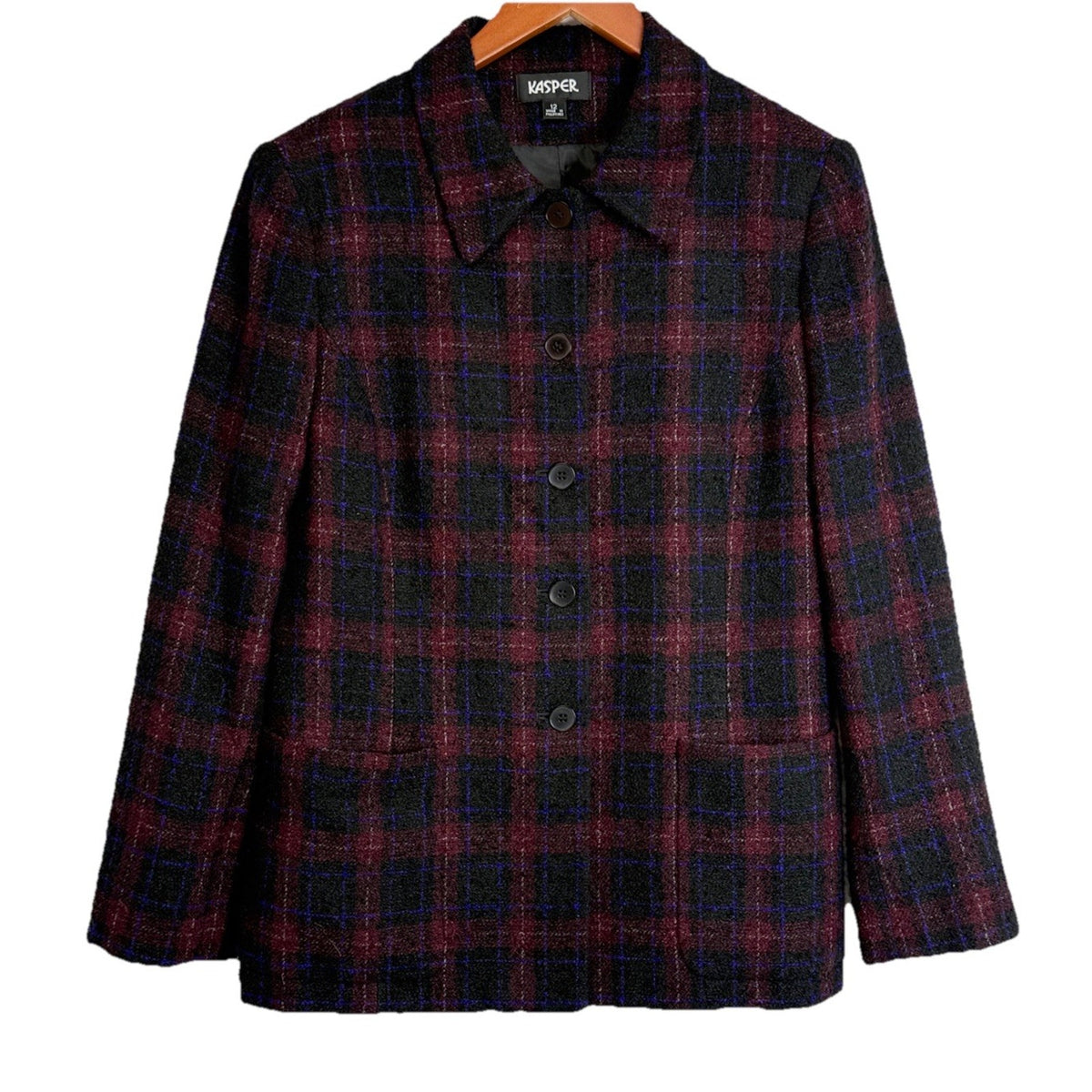 Kasper Plaid Wool Blend Button Front Jacket Blazer Size 12 Burgundy Black