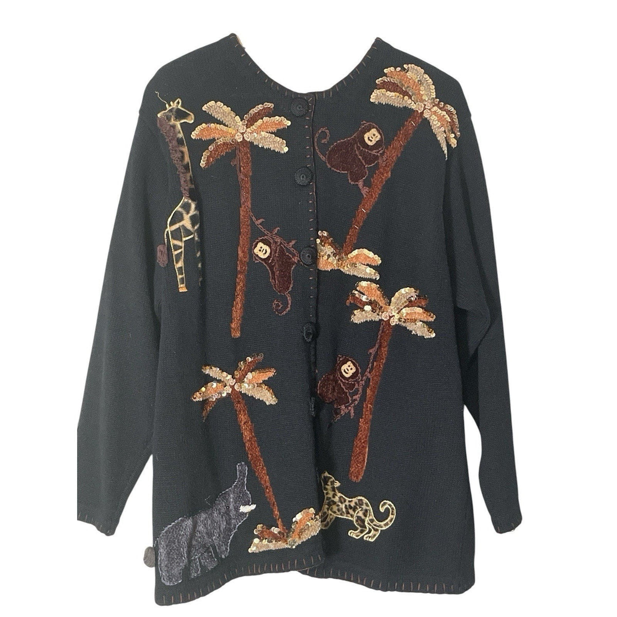 Victoria Woman 1X Embellished Jungle Cardigan Sweater – Sequin Animal Palmtrees