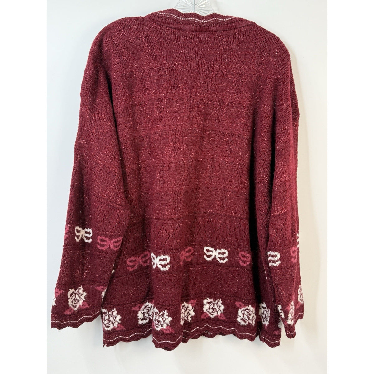 Trimmings Vintage Sweater Sz 22W Red Roses Hearts Lurex Knit Tear at Hem READ