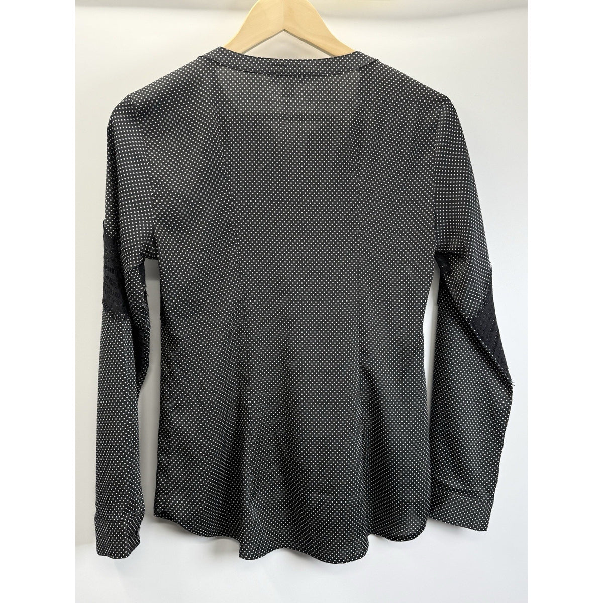Ann Taylor Petite Polka Dot Lace Trim Blouse MP Black White Sheer Feminine