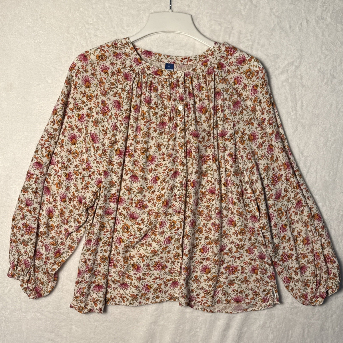 Old Navy Womens XL Floral Woven Viscose Long Sleeve Pullover Blouse White