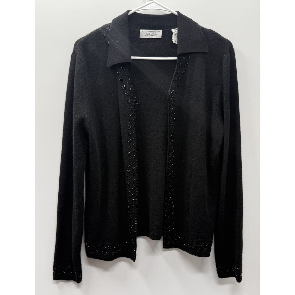 Lord & Taylor Wool Cardigan Sweater L Black Beaded Open Front Collared Classic
