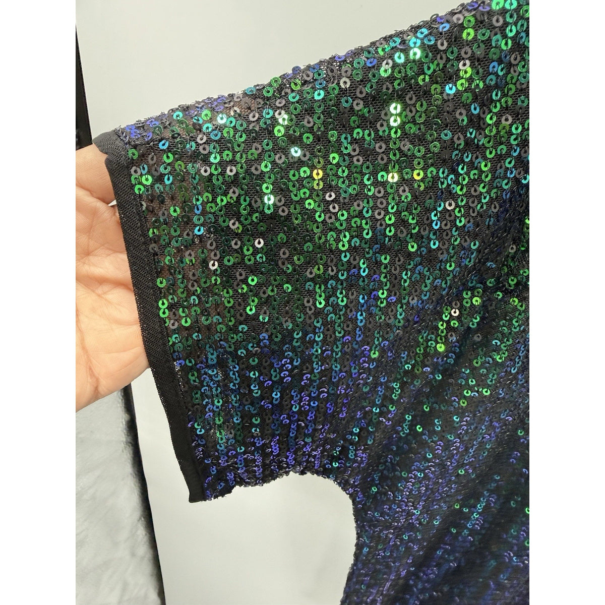 PrettyGuide Green Black Sequin Top Size 10 Dolman Batwing Sleeve Party Holiday