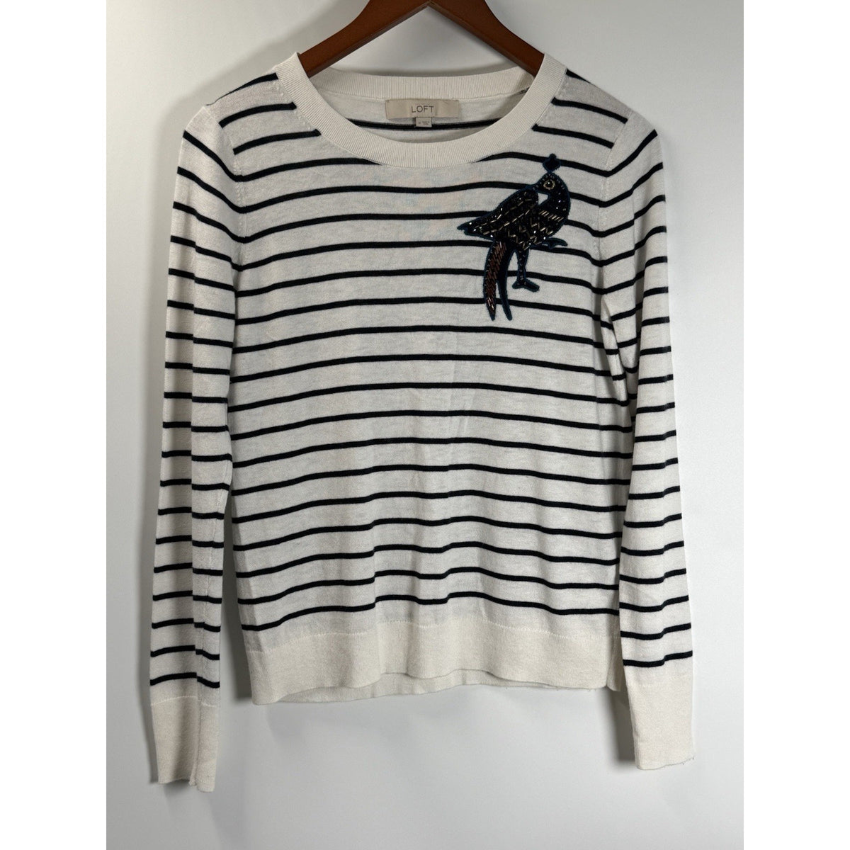 LOFT Striped Sweater Bird Embellished Beaded Navy-White Knit Size M
