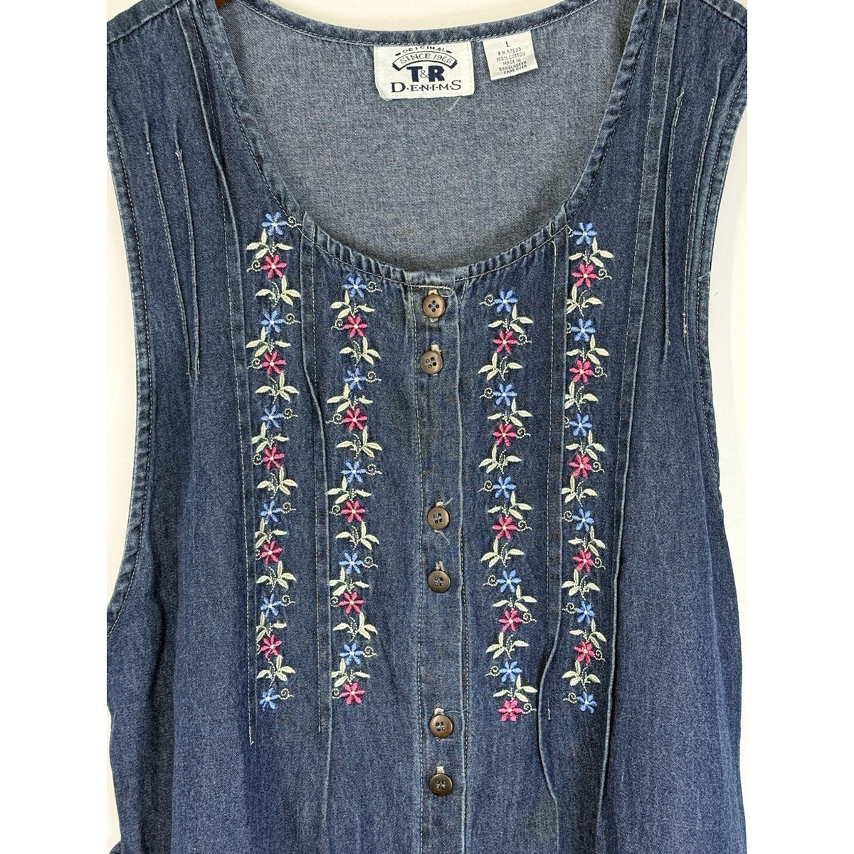 T&R Denims Embroidered Denim Sleeveless Midi Dress Womens L Button Front Vintage
