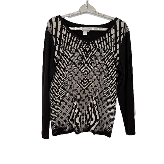 Christopher & Banks Black Geometric Print Embellished Long Sleeve Top Size L