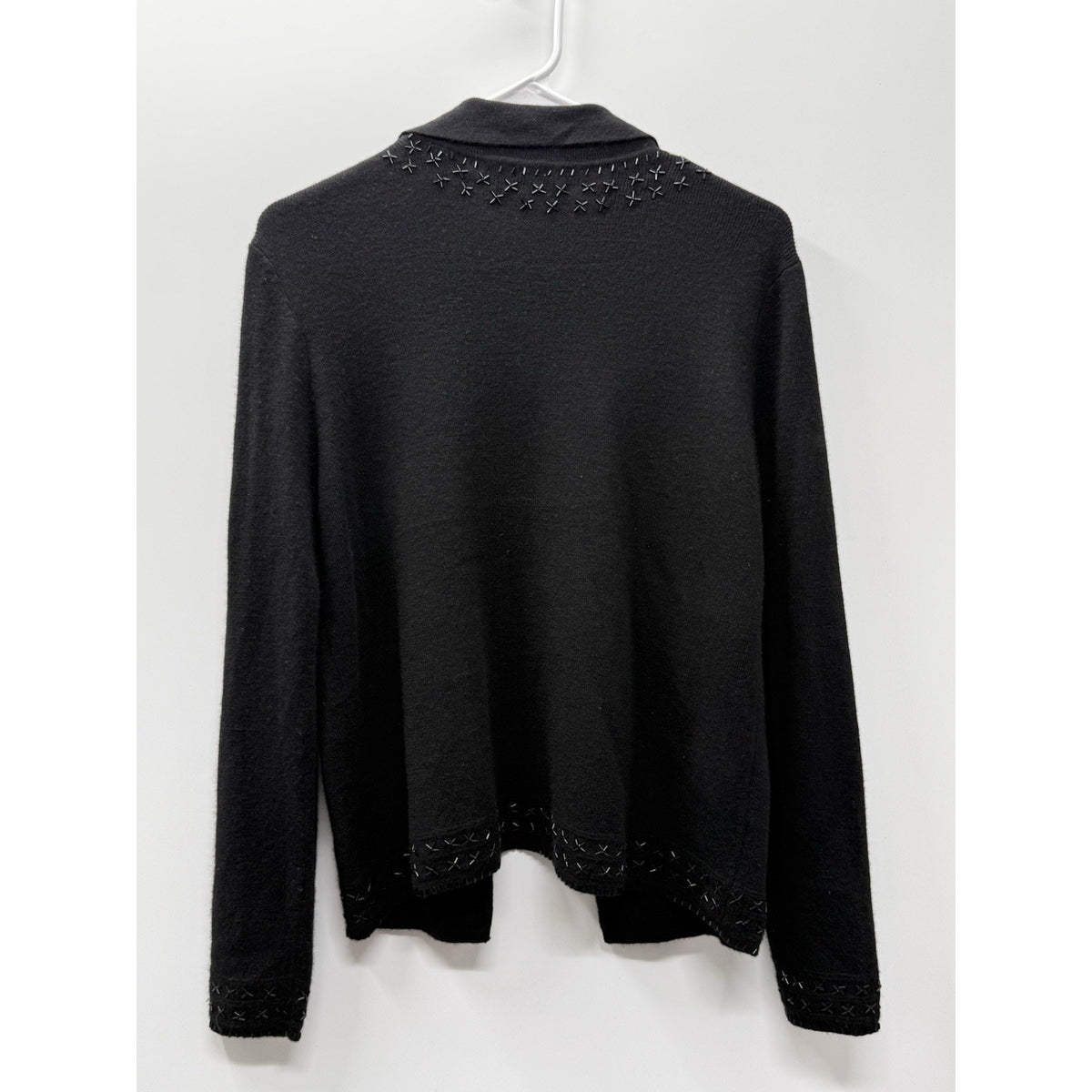 Lord & Taylor Wool Cardigan Sweater L Black Beaded Open Front Collared Classic